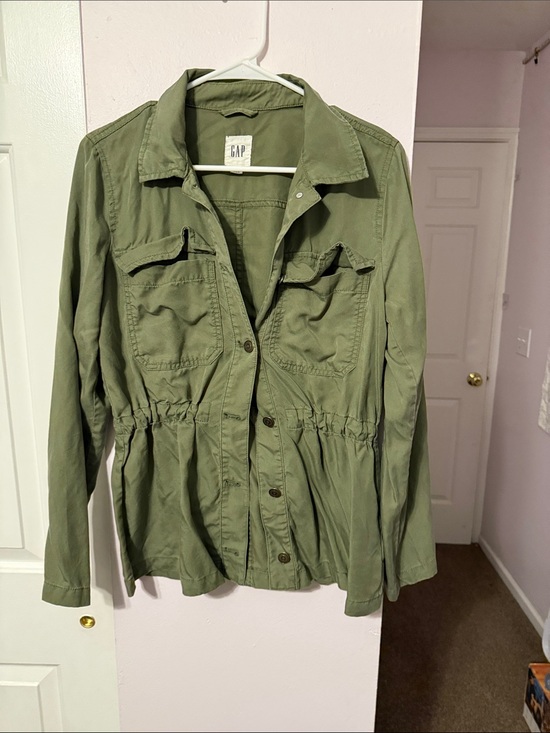 GAP Jackets & Blazers - GAP Womens Olive Green Drawstring Utility Jacket Button Front Lightweight Small